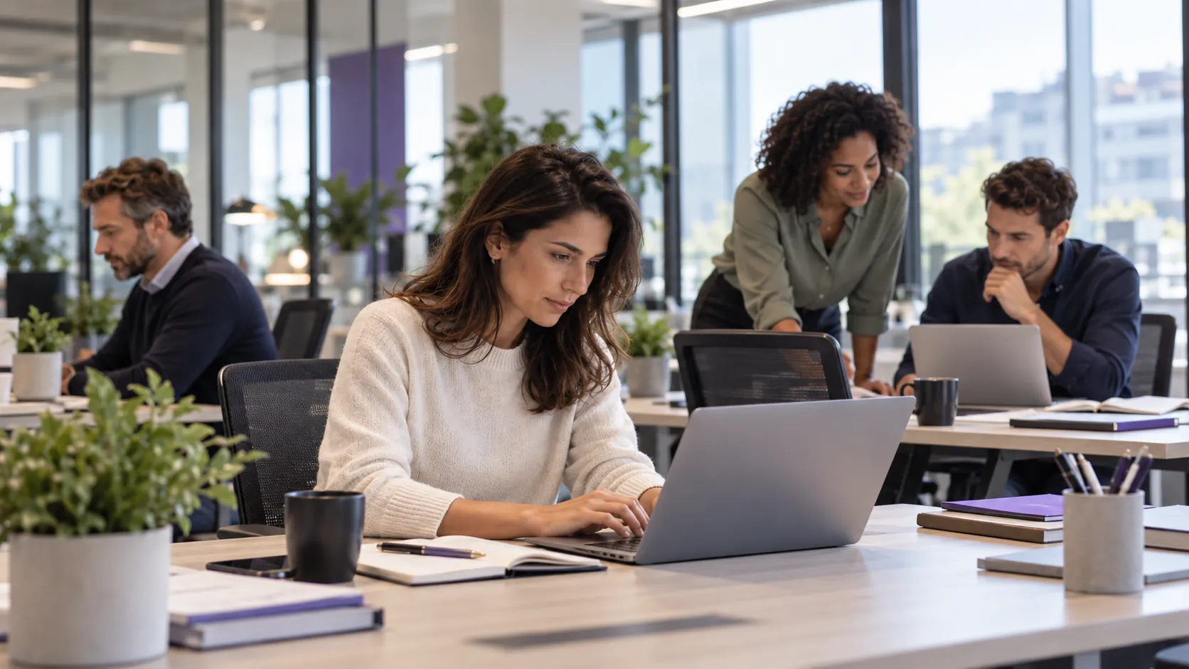 Collaborateurs travaillant sur leurs ordinateurs dans un bureau partagé pour étudier des processus métier à automatiser.