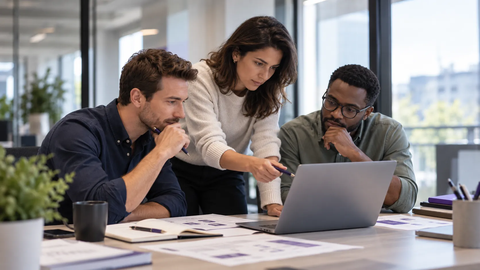 A team gathered around a laptop to work on Copilot Studio business agent use cases.