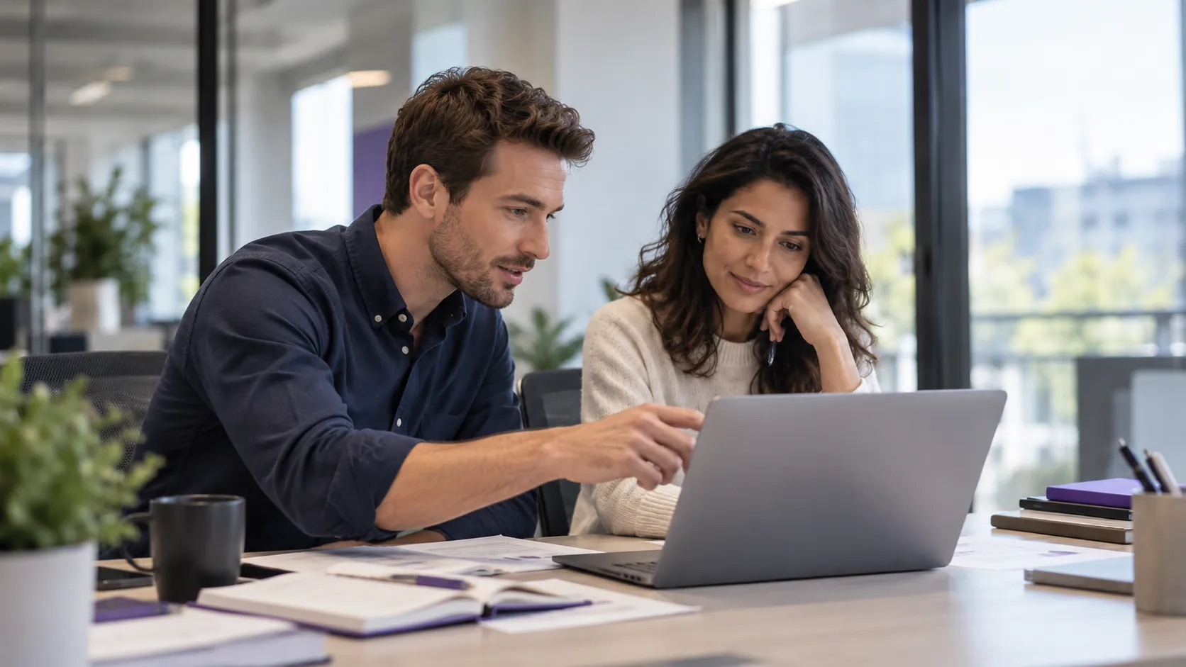 Deux collaborateurs travaillent ensemble sur un ordinateur lors d’une formation Microsoft Copilot.